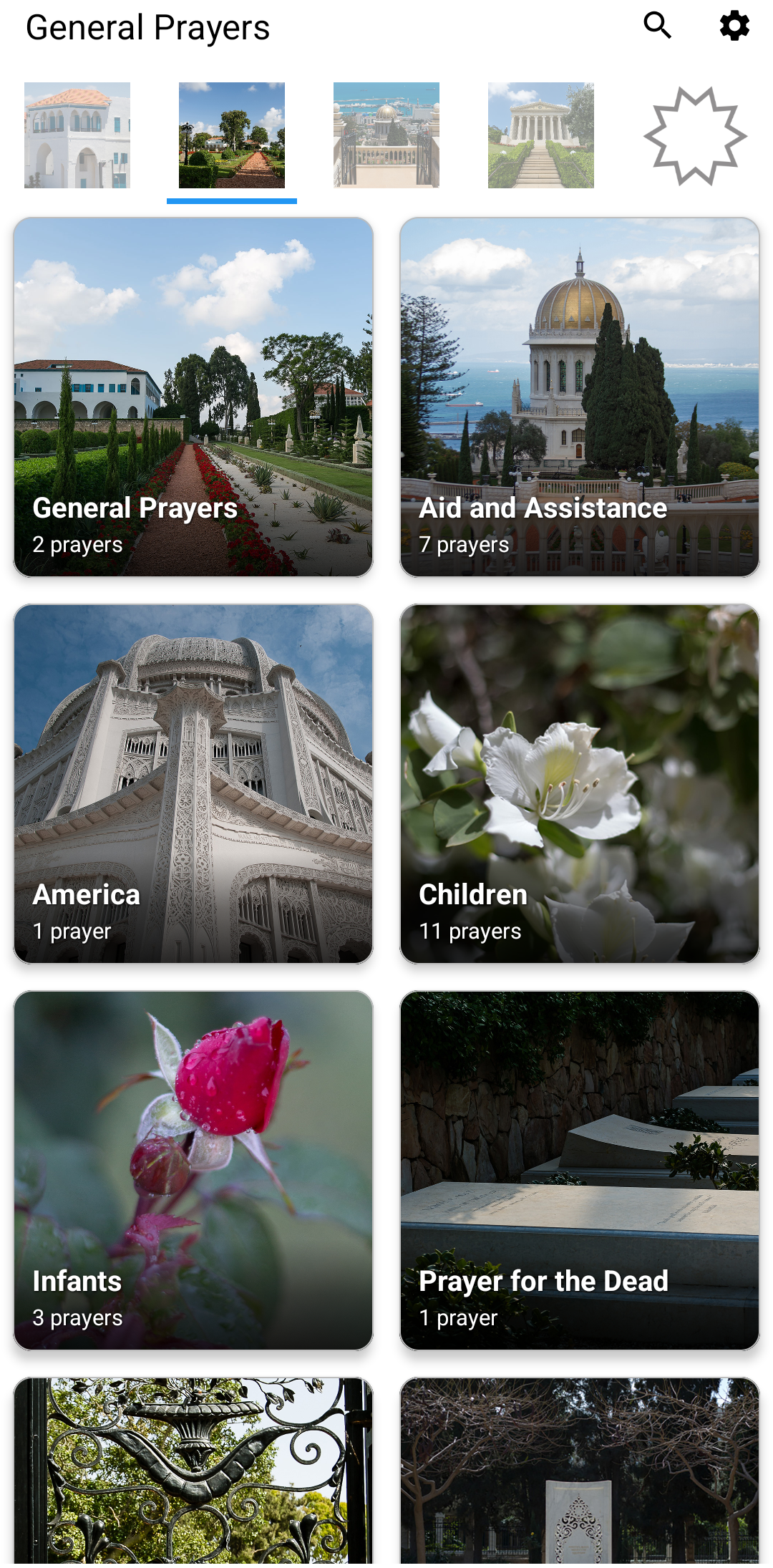 Bahá'í Prayers app — categories