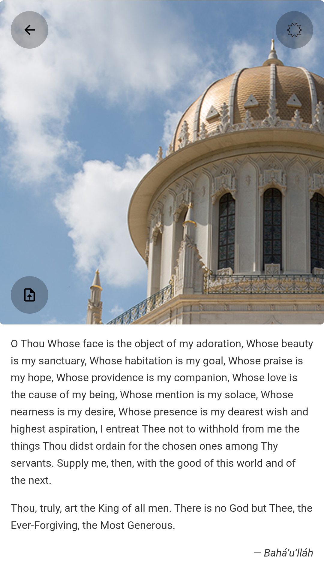 Bahá'í Prayers app — reading a prayer