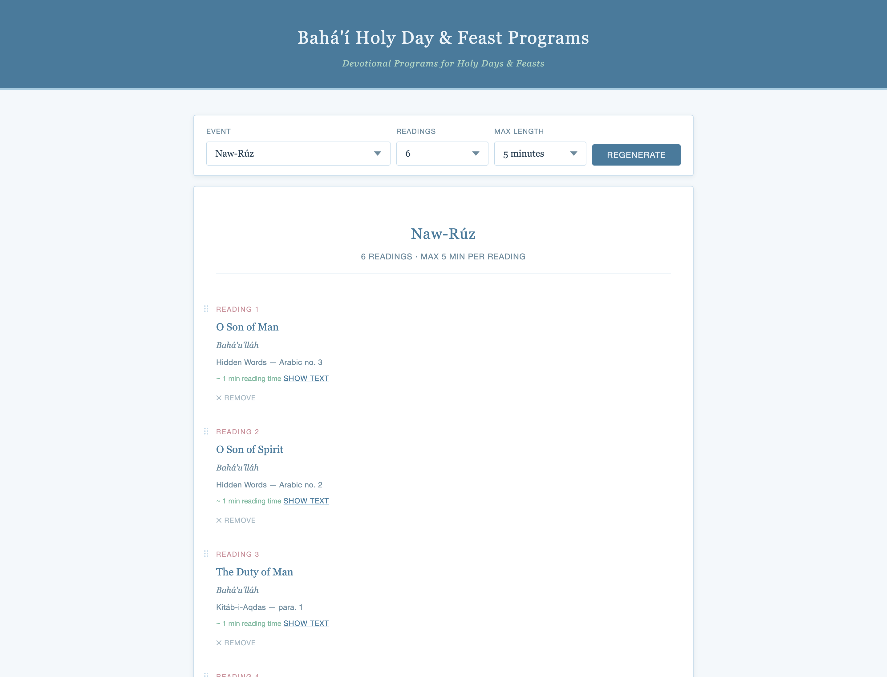 Generated devotional reading program